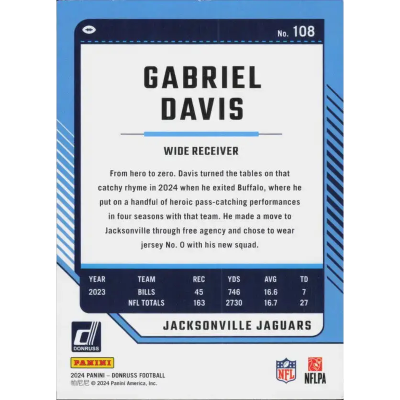 2024 Donruss #108 Gabriel Davis NM-MT Jacksonville Jaguars Football Card - Football Card Single
