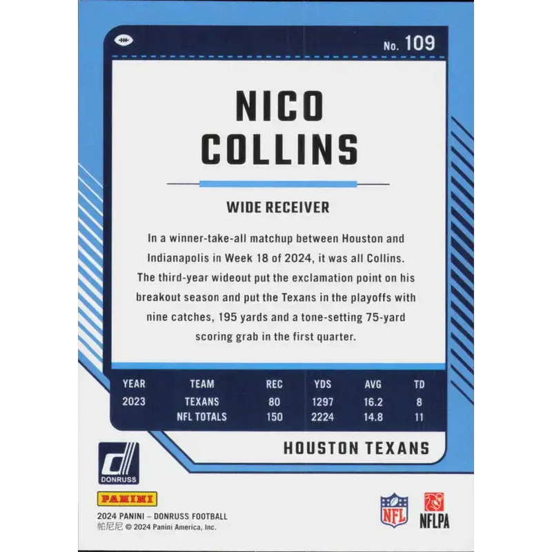 2024 Donruss #109 Nico Collins NM-MT Houston Texans Football Card - Football Card Single
