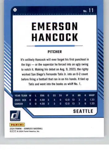 Original gloss baseball card featuring Emerson Hancock NM-MT Mariners 2024 Donruss
