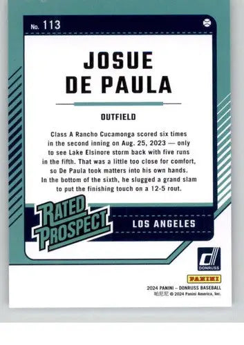 Baseball card back featuring original gloss of 2024 Donruss Josue De Paula rookie Dodgers rated prospect