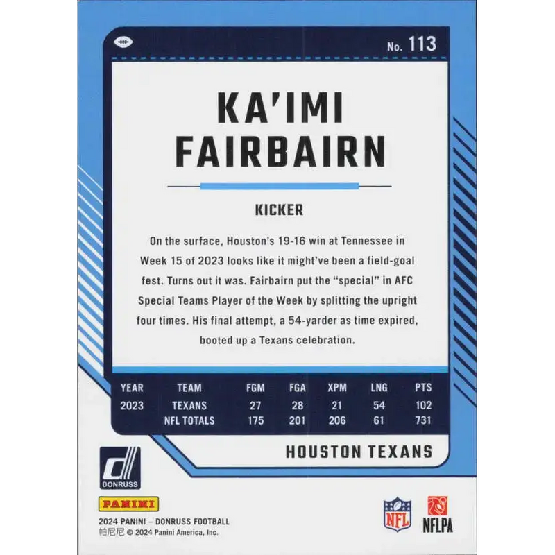 2024 Donruss #113 Ka’imi Fairbairn NM-MT Houston Texans Football Card - Football Card Single