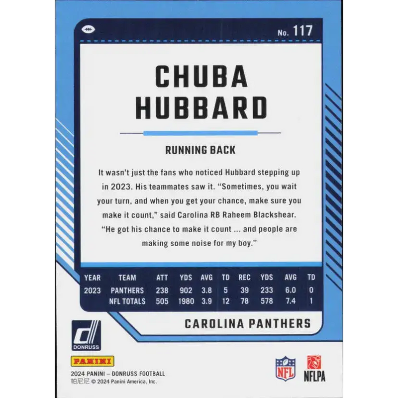 2024 Donruss #117 Chuba Hubbard NM-MT Carolina Panthers Football Card - Football Card Single
