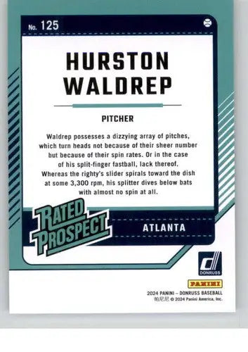 Hurston Waldrep baseball card 2024 Donruss rated prospect rookie Braves ID74214