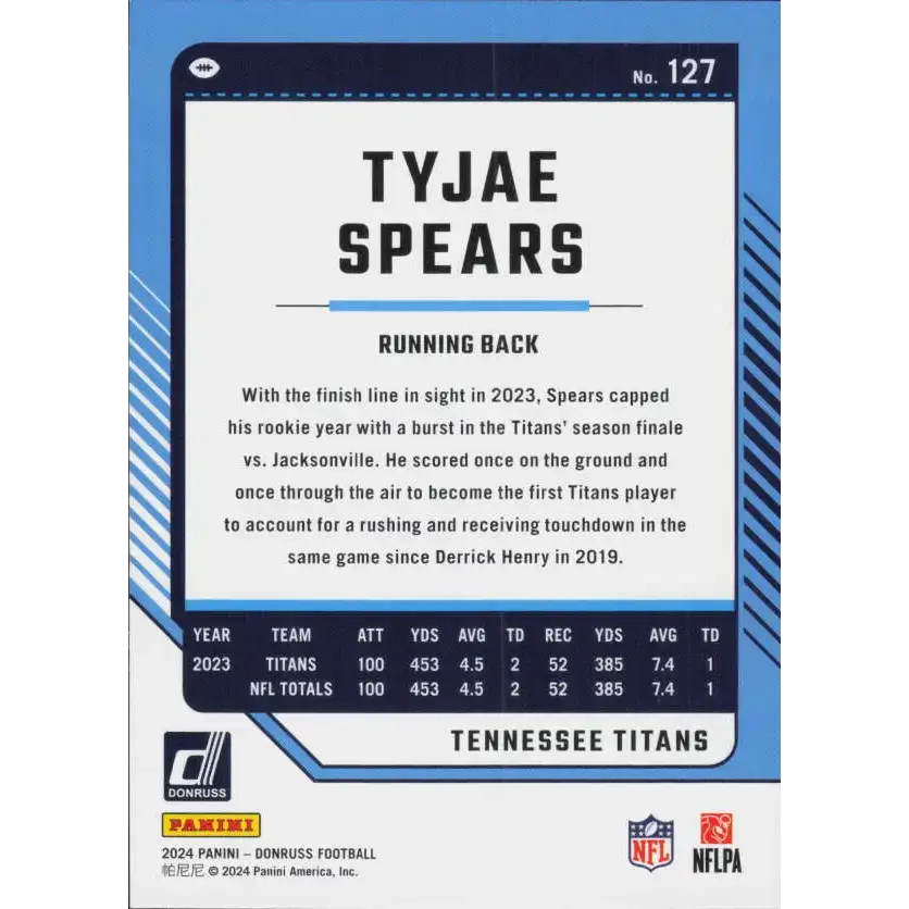 2024 Donruss #127 Tyjae Spears NM-MT Tennessee Titans Football Card