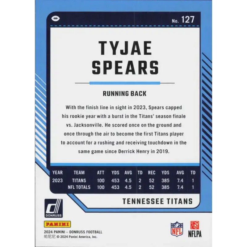2024 Donruss #127 Tyjae Spears NM-MT Tennessee Titans Football Card