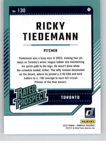 Original gloss Ricky Tiedemann rookie Blue Jays baseball card from 2024 Donruss series