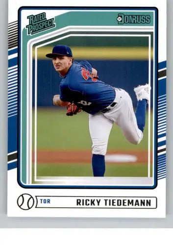 Ricky Tiedemann rookie Blue Jays baseball card with original gloss from 2024 Donruss