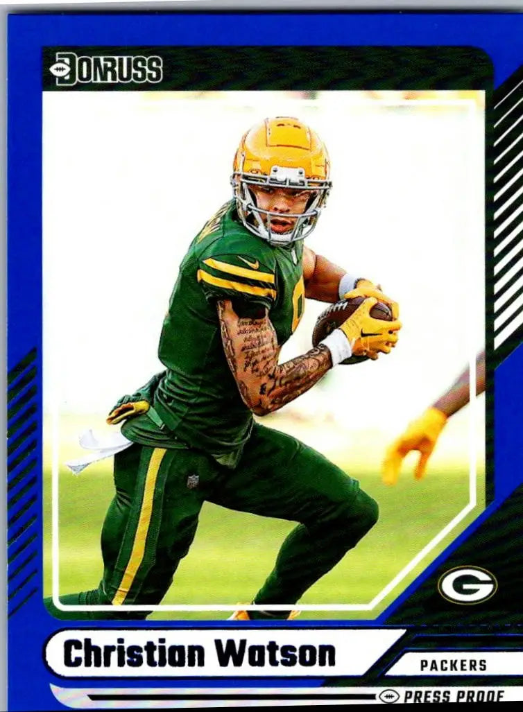 Christian Watson football trading card from 2024 Donruss Press Proof Blue set