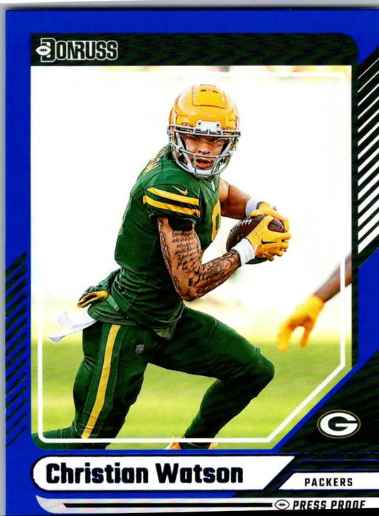 Christian Watson football trading card from 2024 Donruss Press Proof Blue set