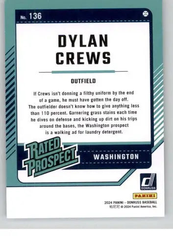 Dylan Crews rookie Nationals baseball card rated prospect from 2024 Donruss series
