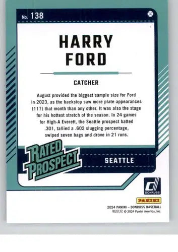 Original gloss Harry Ford rookie Mariners baseball card from 2024 Donruss series