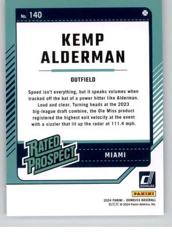 2024 Donruss #140 Kemp Alderman NM-MT RC Rookie Marlins Rated Prospect ID:74400 - Baseball Card Single