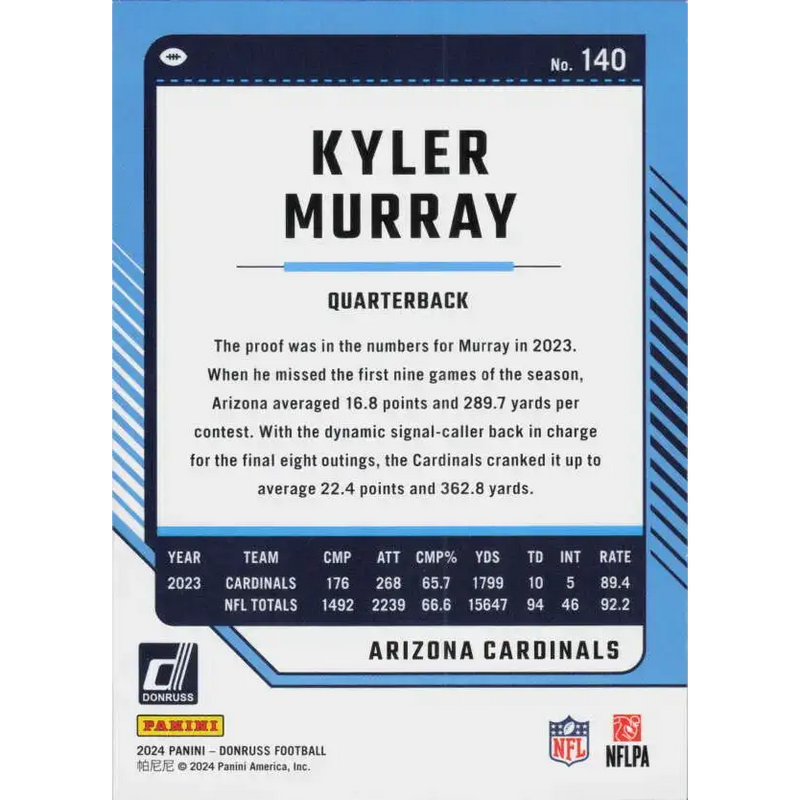 2024 Donruss #140 Kyler Murray NM-MT Arizona Cardinals Football Card - Football Card Single