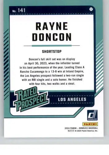 2024 Donruss #141 Rayne Doncon NM-MT RC Rookie Dodgers Rated Prospect ID:74401 - Baseball Card Single