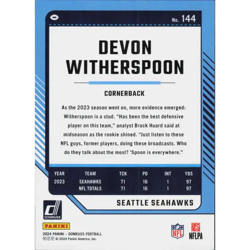 2024 Donruss #144 Devon Witherspoon NM-MT Seattle Seahawks Football Card - Football Card Single