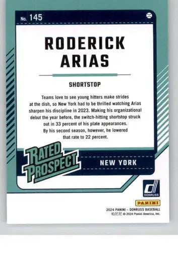 2024 Donruss #145 Roderick Arias NM-MT RC Rookie Yankees Rated Prospect ID:74402 - Baseball Card Single