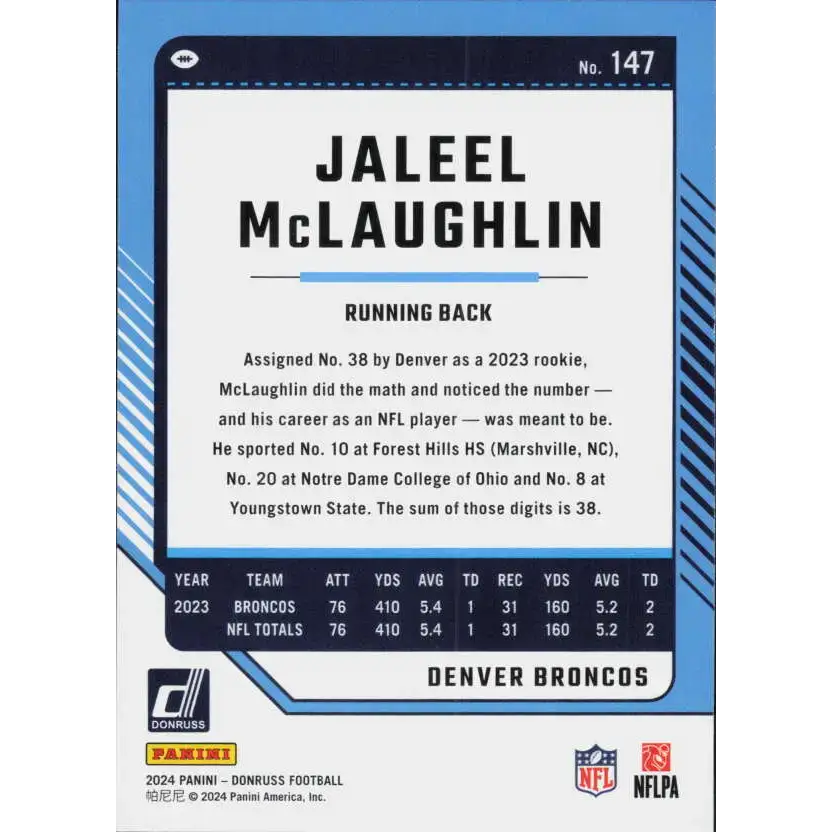 2024 Donruss #147 Jaleel McLaughlin NM-MT Denver Broncos Football Card - Football Card Single