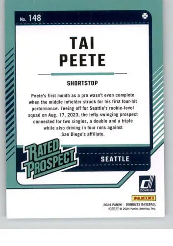 Tai Peete rookie Mariners baseball card with original gloss from 2024 Donruss series