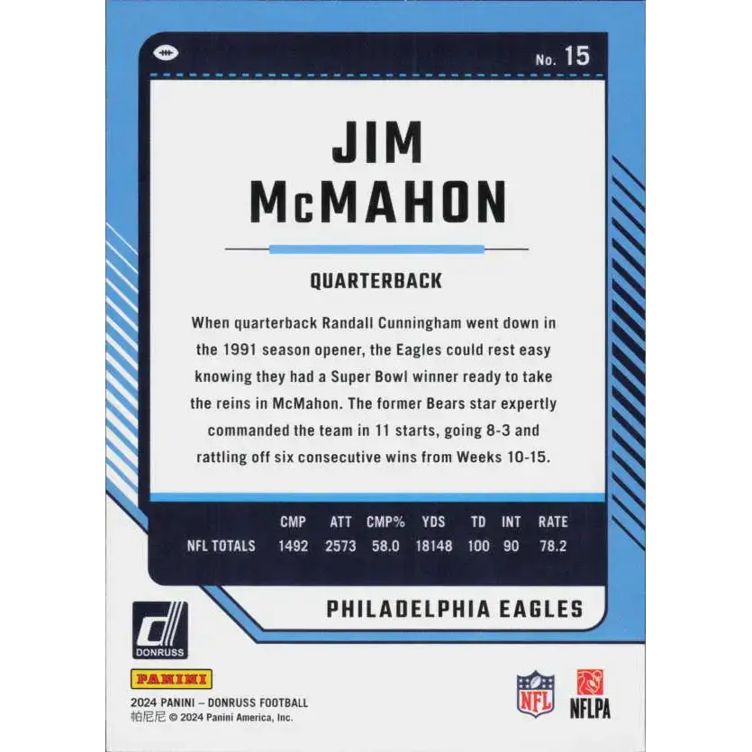2024 Donruss #15 Jim McMahon NM-MT Philadelphia Eagles Football Card - Football Card Single