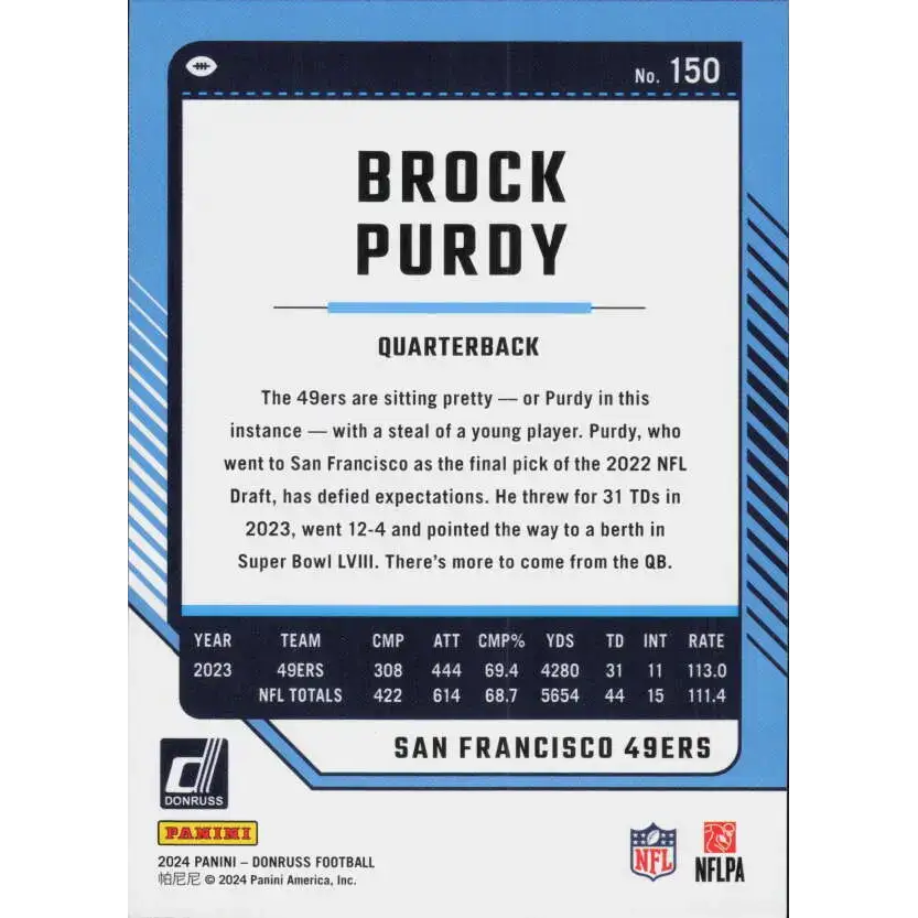 2024 Donruss #150 Brock Purdy NM-MT San Francisco 49ers Football Card - Football Card Single