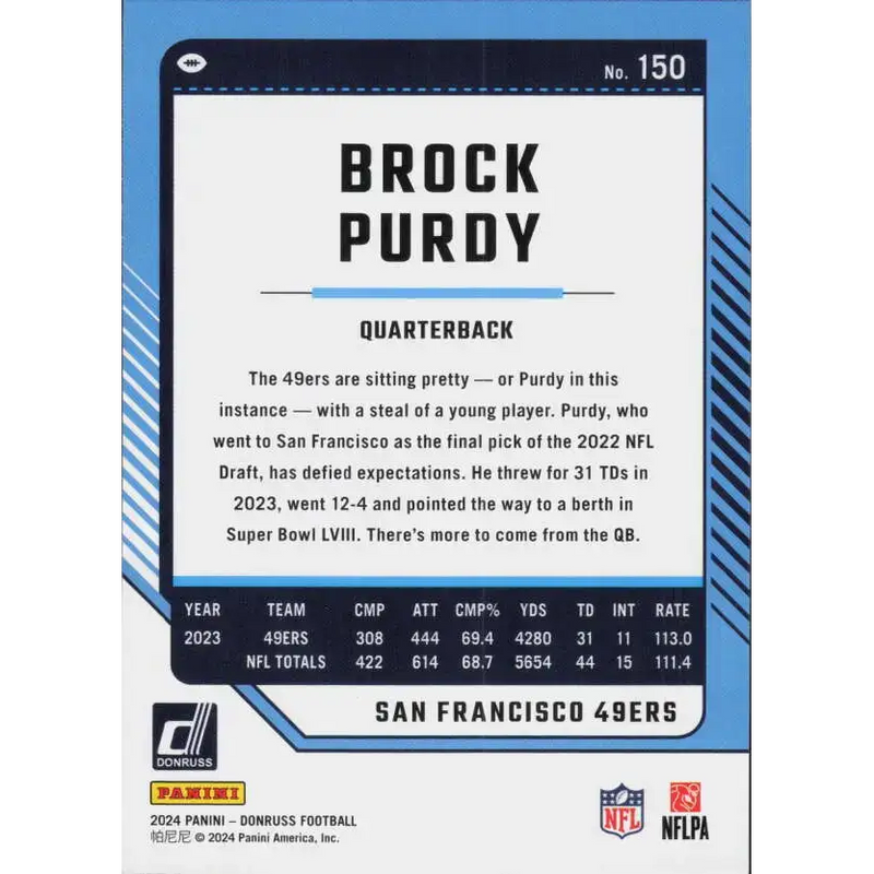 2024 Donruss #150 Brock Purdy NM-MT San Francisco 49ers Football Card - Football Card Single
