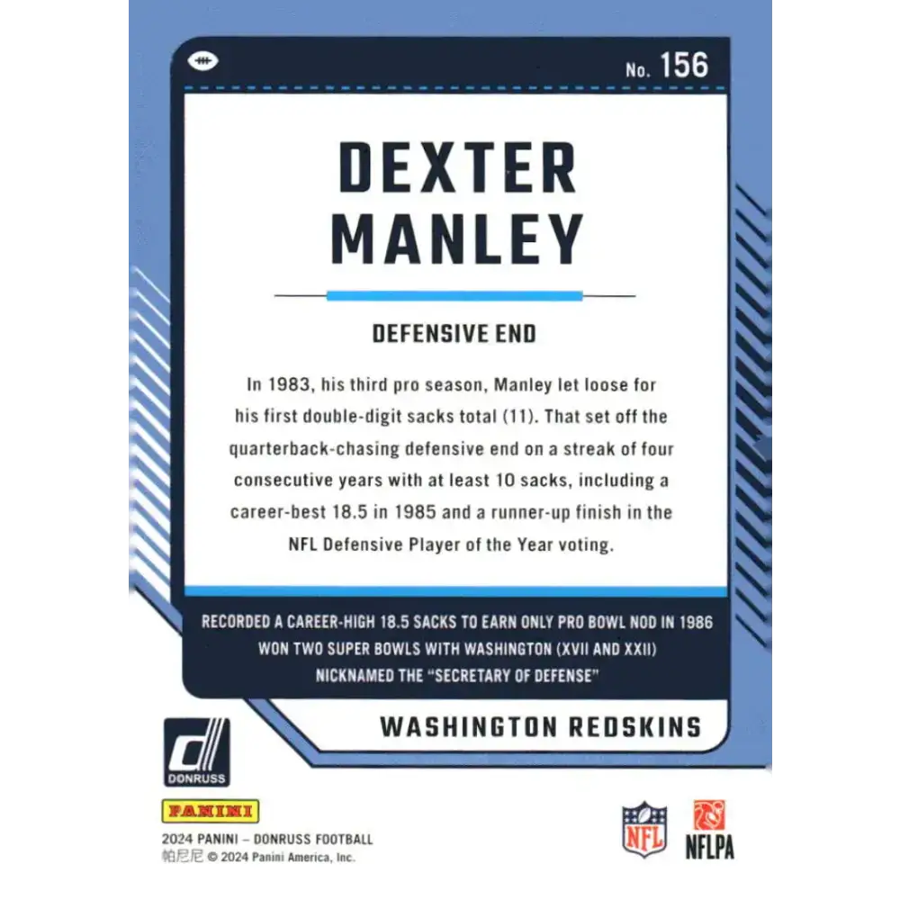 2024 Donruss #156 Dexter Manley NM-MT Washington Redskins Football Card - Football Card Single