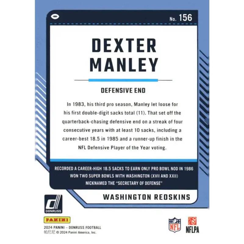 2024 Donruss #156 Dexter Manley NM-MT Washington Redskins Football Card - Football Card Single