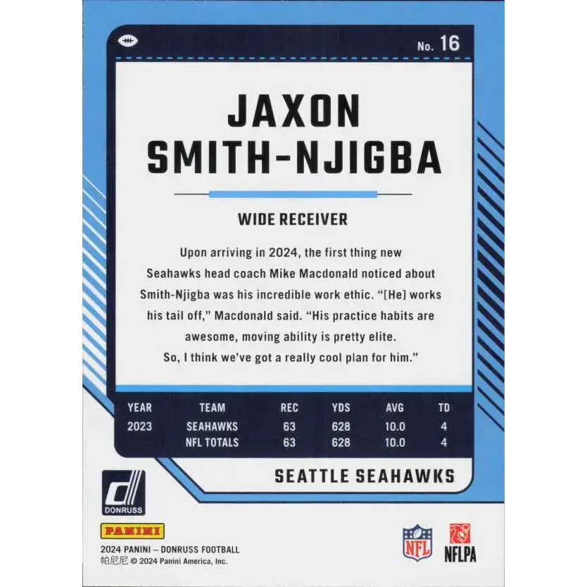 2024 Donruss #16 Jaxon Smith-Njigba NM-MT Seattle Seahawks Football Card - Football Card Single