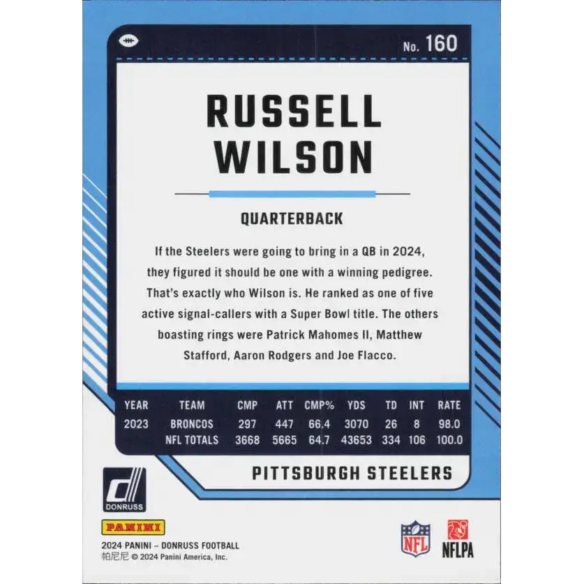 2024 Donruss #160 Russell Wilson NM-MT Pittsburgh Steelers Football Card - Football Card Single