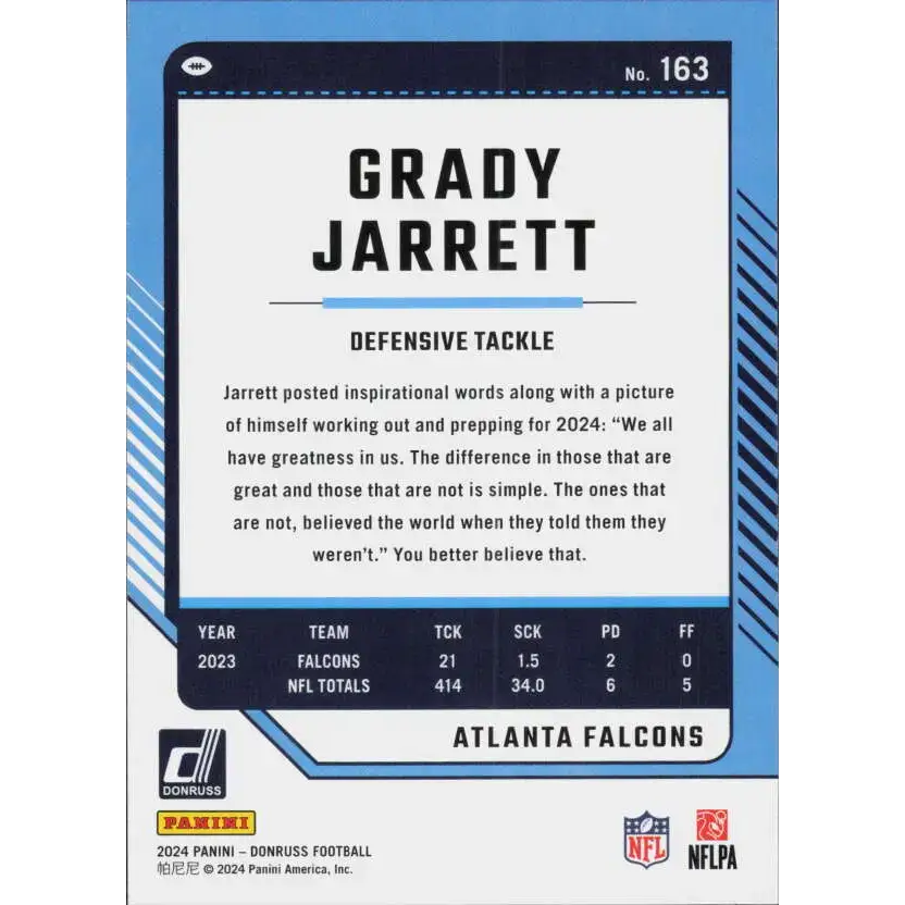2024 Donruss #163 Grady Jarrett NM-MT Atlanta Falcons Football Card - Football Card Single