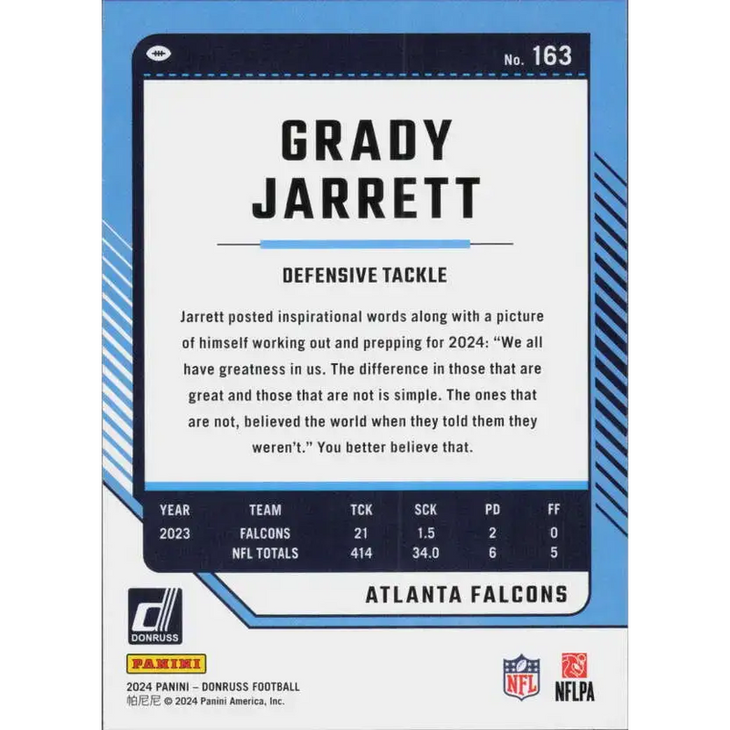 2024 Donruss #163 Grady Jarrett NM-MT Atlanta Falcons Football Card - Football Card Single