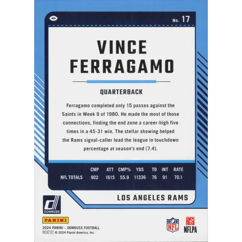 2024 Donruss #17 Vince Ferragamo NM-MT Los Angeles Rams Football Card - Football Card Single