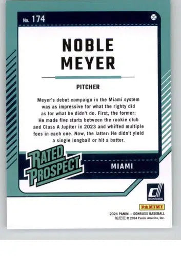 Baseball card back showcasing original gloss of Noble Meyer Rookie Marlins prospect