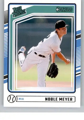 Baseball card featuring Noble Meyer rookie Marlins pitcher from 2024 Donruss series