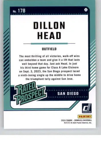 Original gloss Dillon Head rookie Padres baseball card from 2024 Donruss series