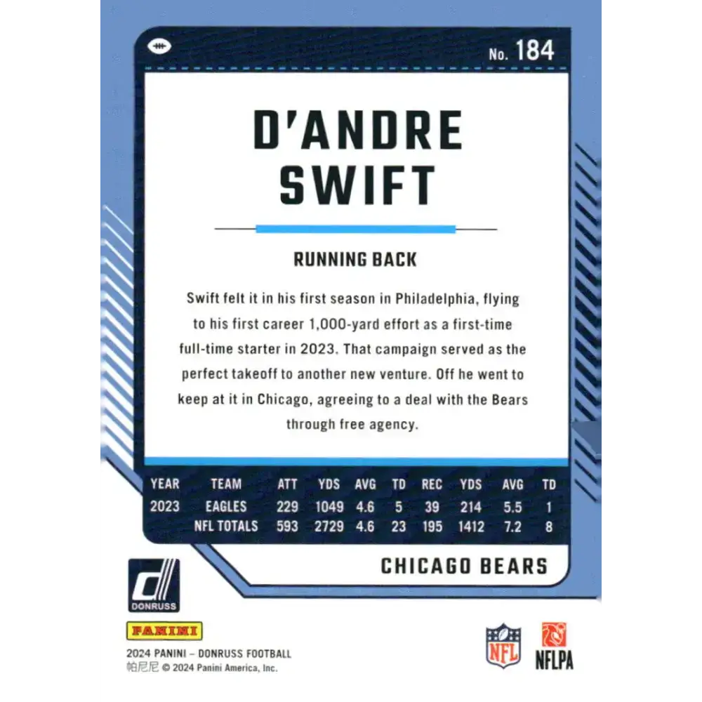 2024 Donruss #184 D’Andre Swift NM-MT Chicago Bears Football Card - Football Card Single