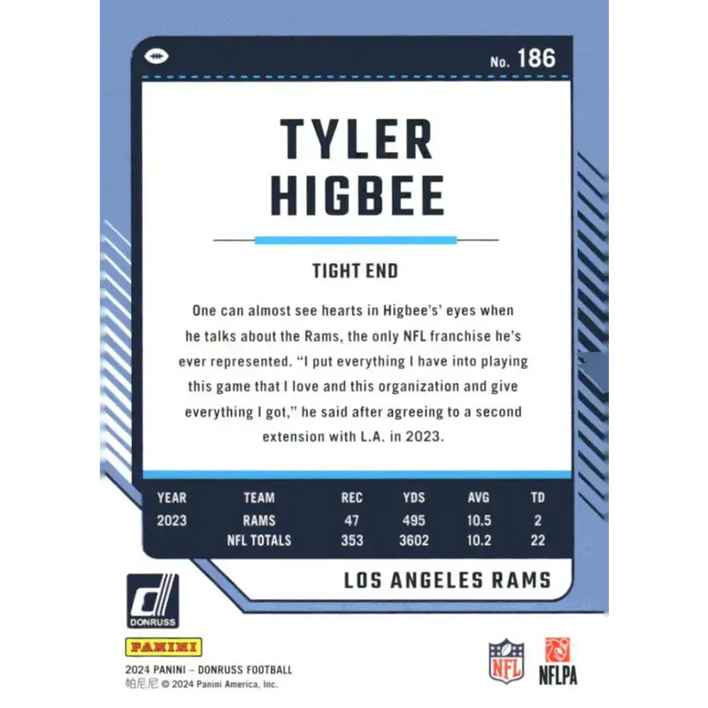 2024 Donruss #186 Tyler Higbee NM-MT Los Angeles Rams Football Card - Football Card Single