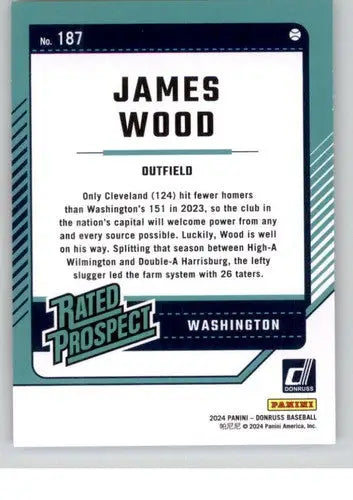 Back of a 2024 Donruss James Wood rookie baseball card showcasing rated prospect features