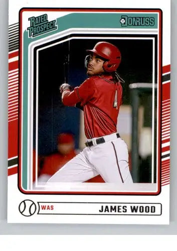 Baseball trading card featuring James Wood in batting stance from 2024 Donruss rated prospect series