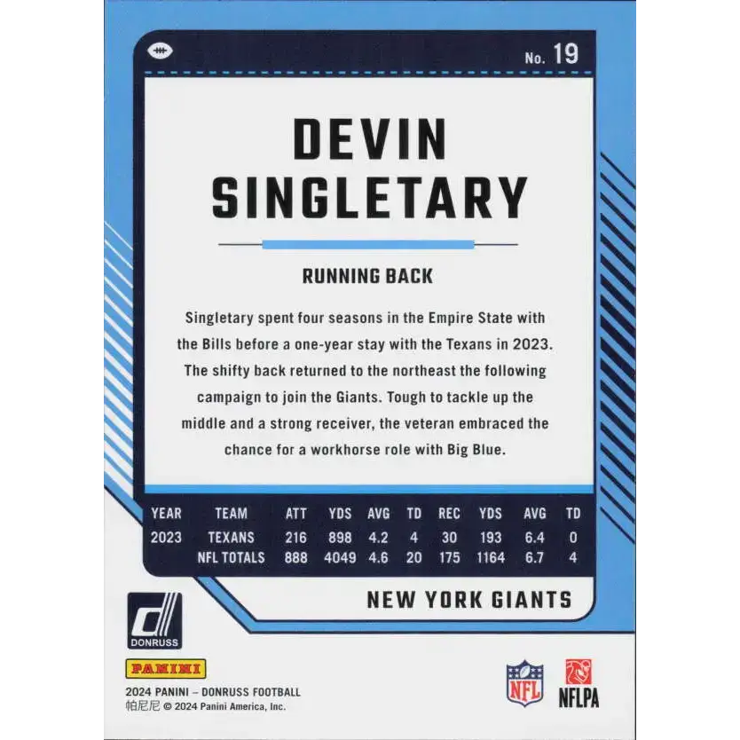 2024 Donruss #19 Devin Singletary NM-MT New York Giants Football Card - Football Card Single