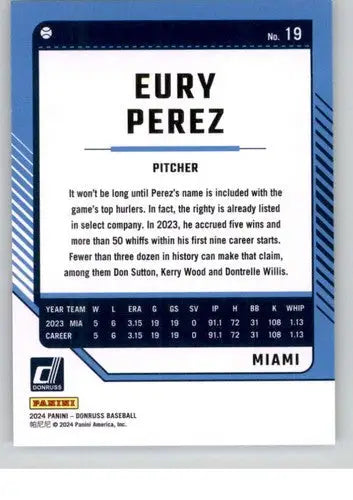 Eury Perez baseball card with original gloss from 2024 Donruss NM-MT Marlins