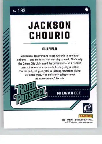 Jackson Chourio rookie Brewers baseball card from 2024 Donruss with original gloss