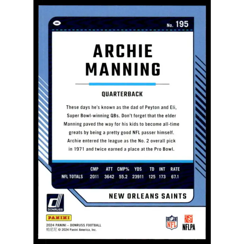 2024 Donruss #195 Archie Manning NM-MT New Orleans Saints Football Card - Football Card Single