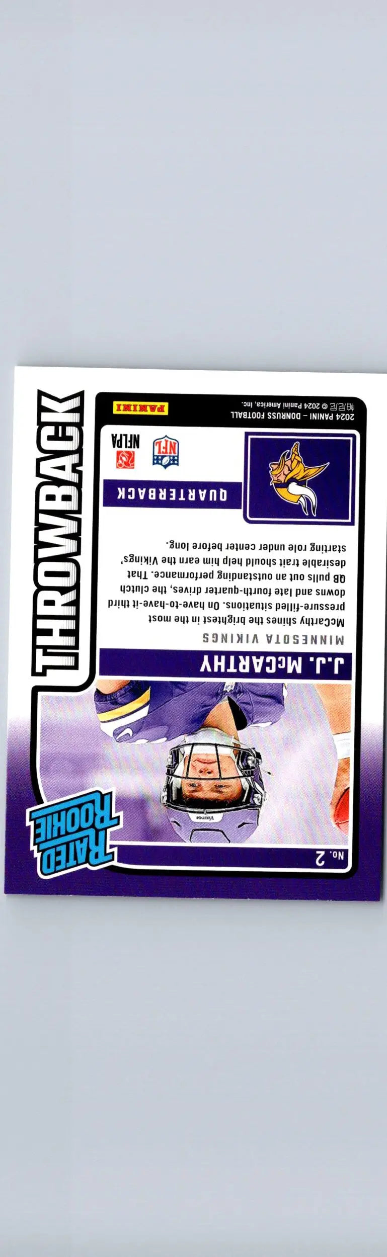 Football trading card featuring J.J. McCarthy Rated Rookies Throwback from 2024 Donruss