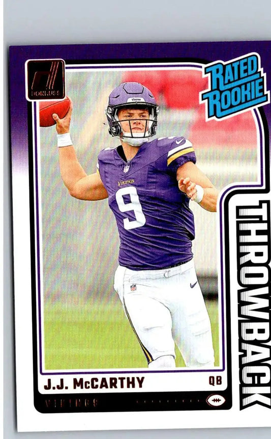 JJ McCarthy Rated Rookies Throwback football trading card from 2024 Donruss series
