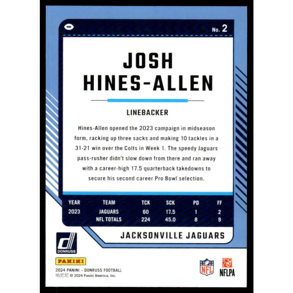 2024 Donruss #2 Josh Hines-Allen NM-MT Jacksonville Jaguars Football Card - Football Card Single