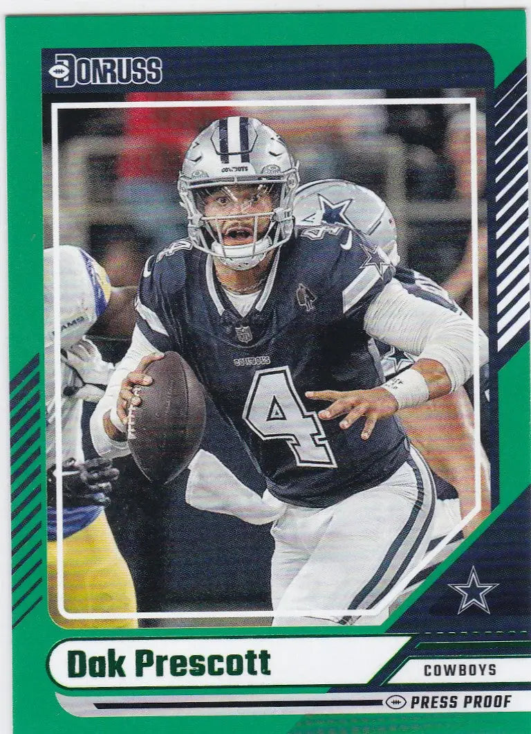 Football trading card featuring Dak Prescott in Dallas Cowboys green press proof design