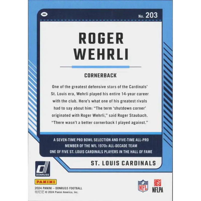 2024 Donruss #203 Roger Wehrli NM-MT St. Louis Cardinals Football Card - Football Card Single