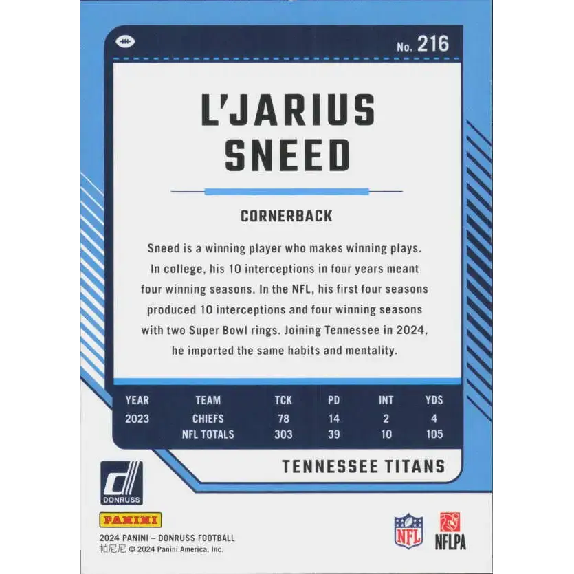 2024 Donruss #216 L’Jarius Sneed NM-MT Tennessee Titans Football Card