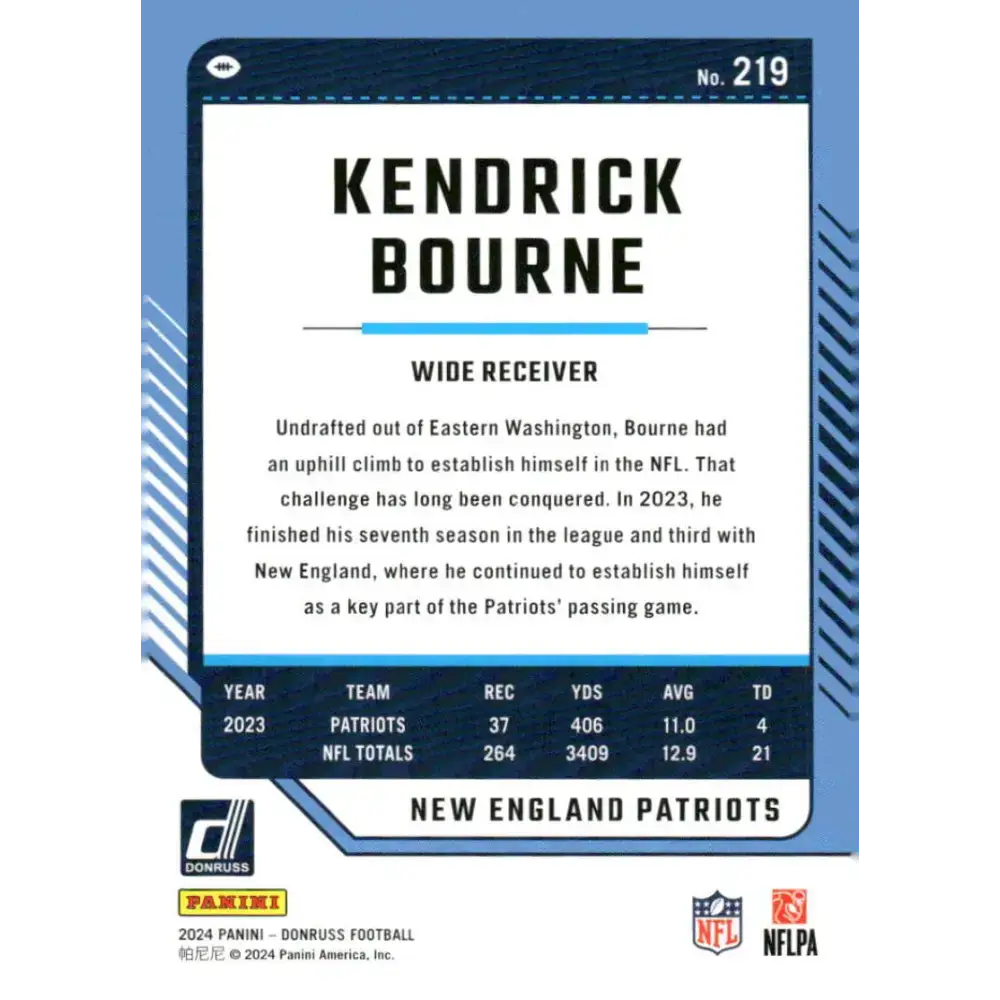2024 Donruss #219 Kendrick Bourne NM-MT New England Patriots Football Card